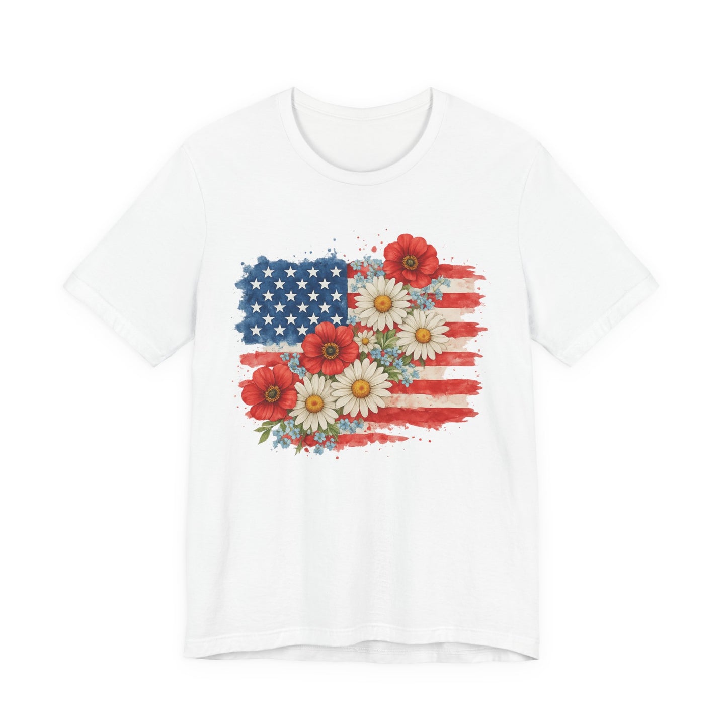 American Flag Floral T‑Shirt – Patriotic Daisy & Poppy USA Tee