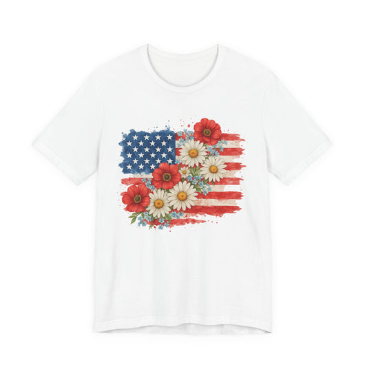 American Flag Floral T‑Shirt – Patriotic Daisy & Poppy USA Tee