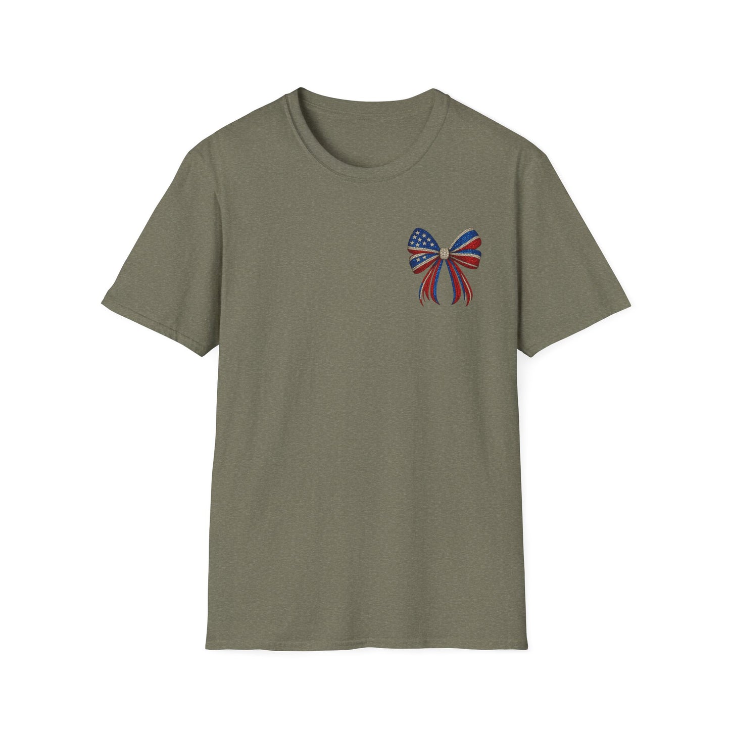 Patriotic Tee - "Land of the Free Because of the Brave" American Flag Bow