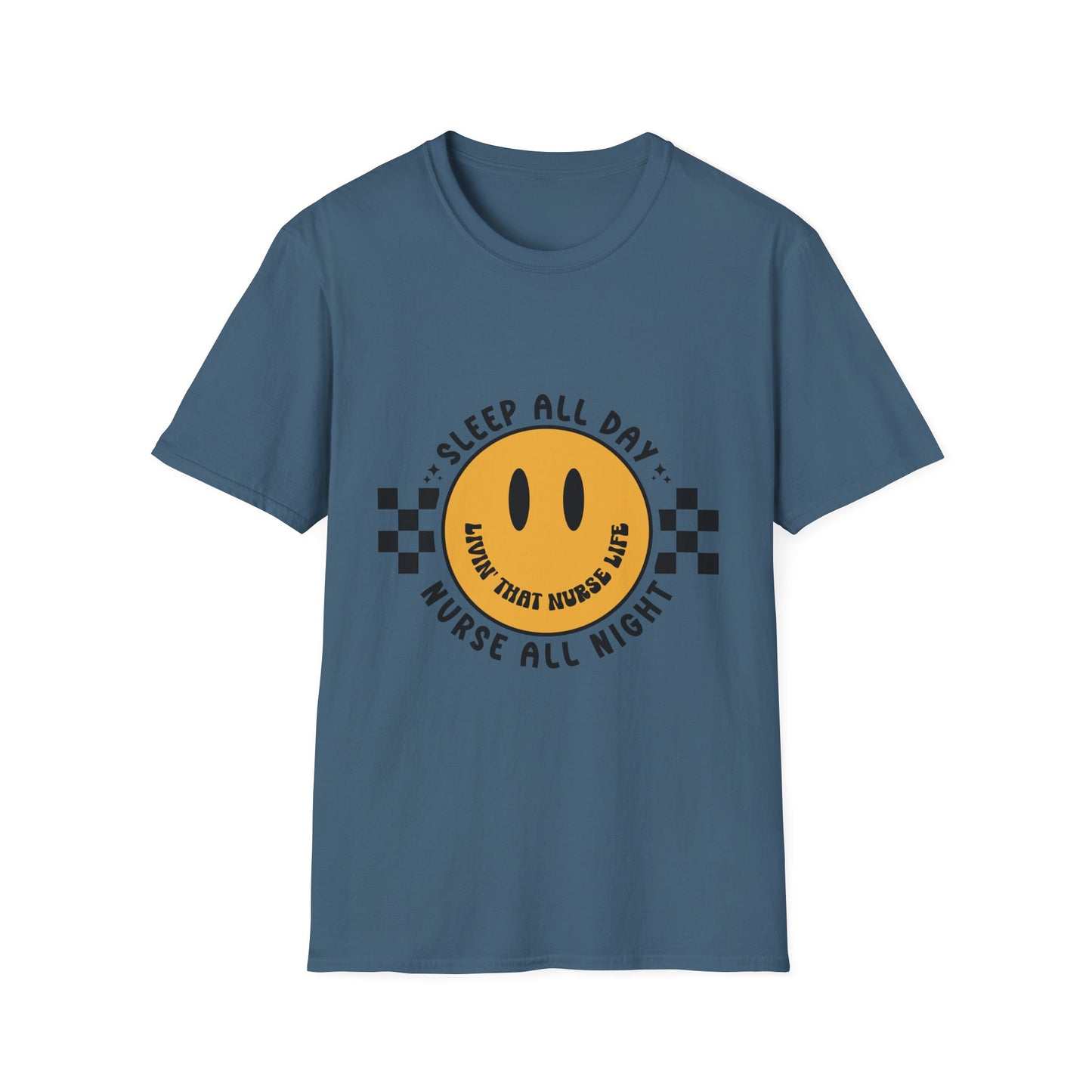 Nurse Smiley Tee — “Sleep All Day, Nurse All Night” Graphic T-Shirt