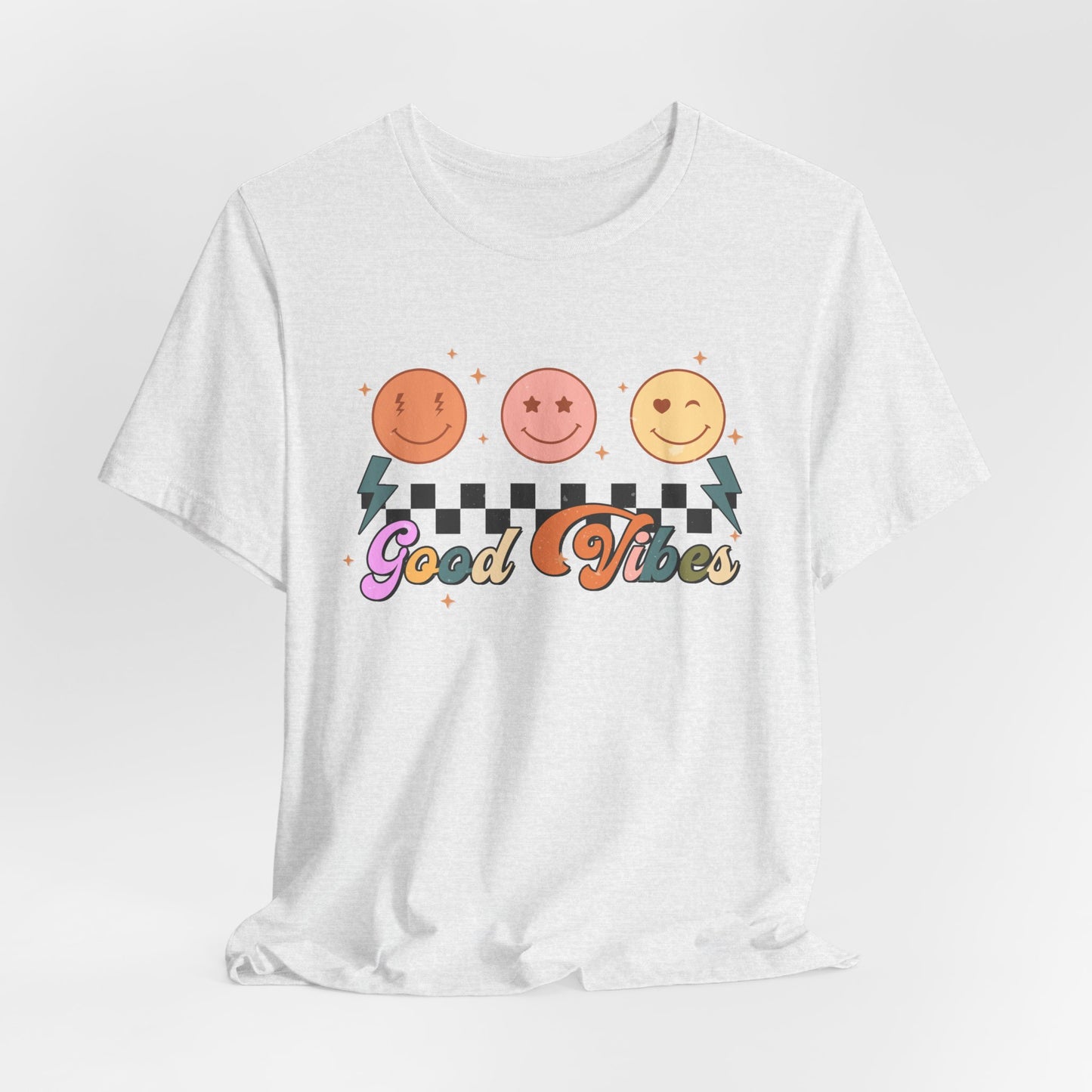 Good Vibes Smiley Tee — Retro Checkerboard Positive Graphic T-Shirt