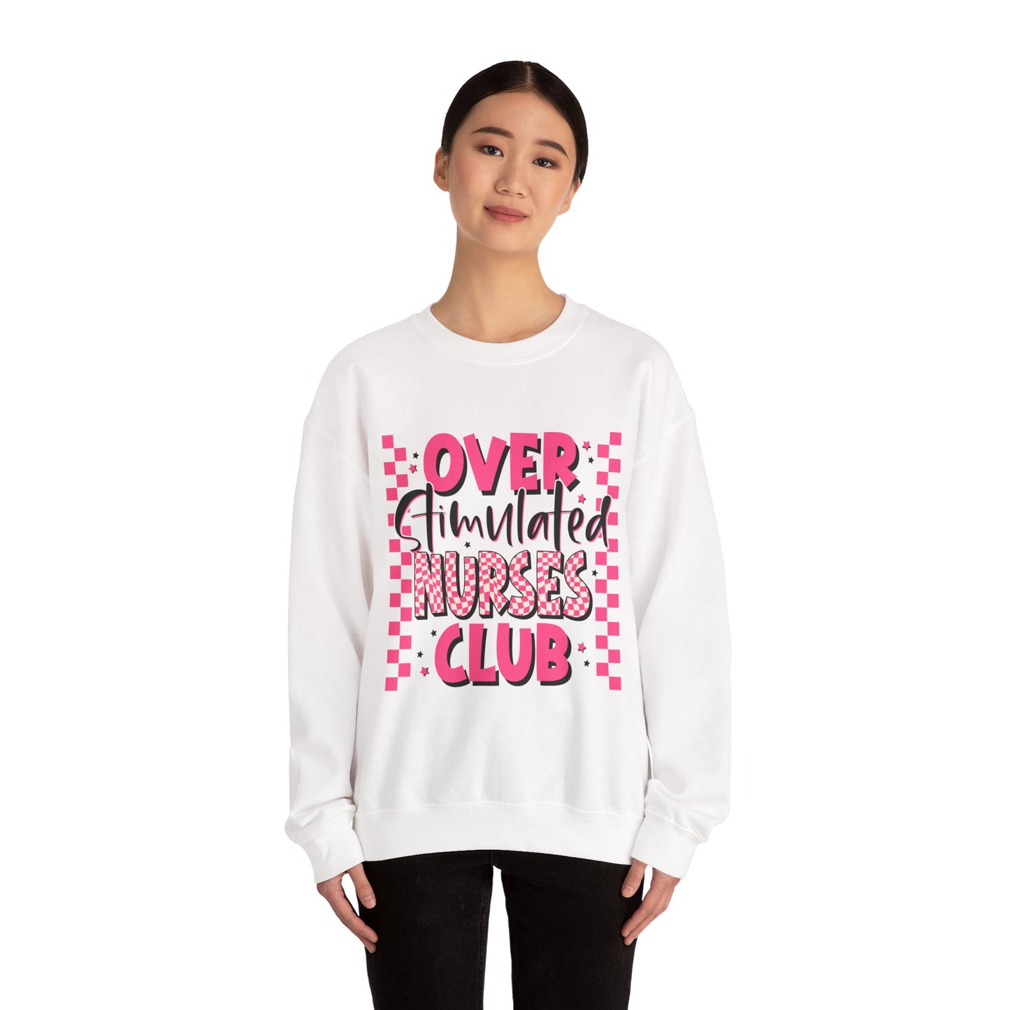 Crewneck Sweatshirt — "Overstimulated Nurses Club" Pink Checker Graphic