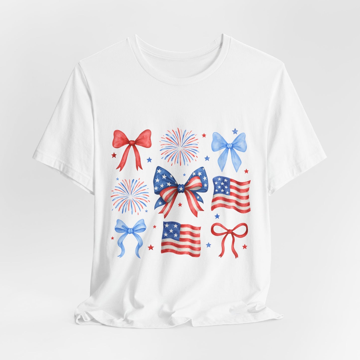 Patriotic Bows & Flags Tee — 4th of July Fireworks Graphic T-Shirt