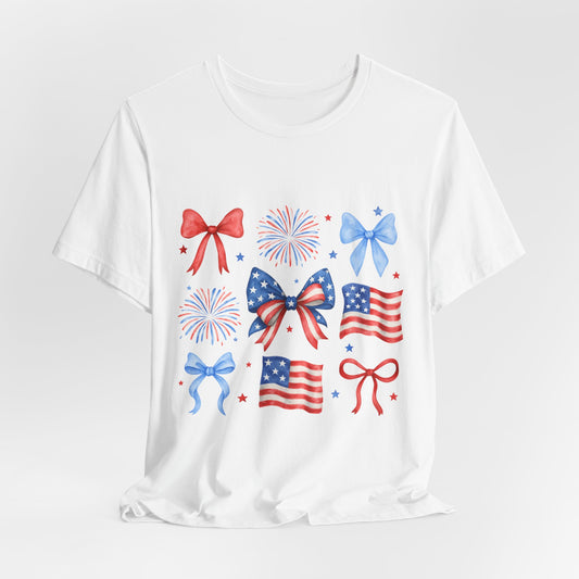 Patriotic Bows & Flags Tee — 4th of July Fireworks Graphic T-Shirt