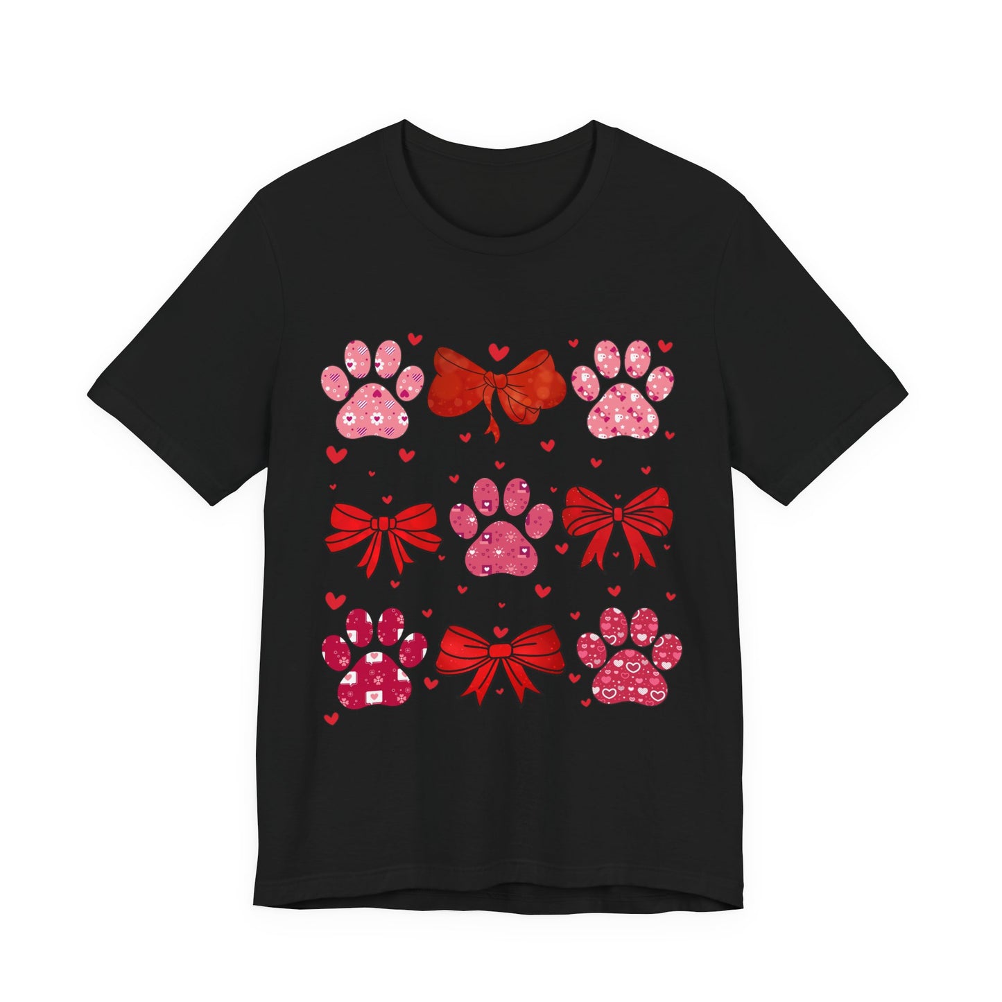 Valentine Paw Prints T‑Shirt — Cute Red Bows & Hearts Pet Lover Tee