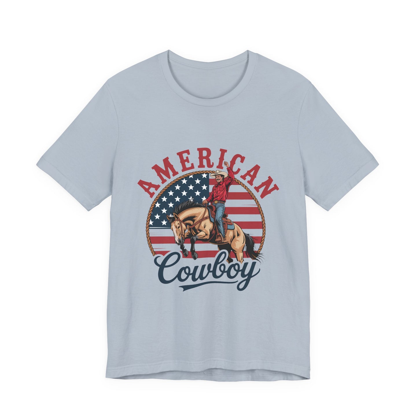 American Cowboy T-Shirt – patriotic rodeo tee with flag and rider