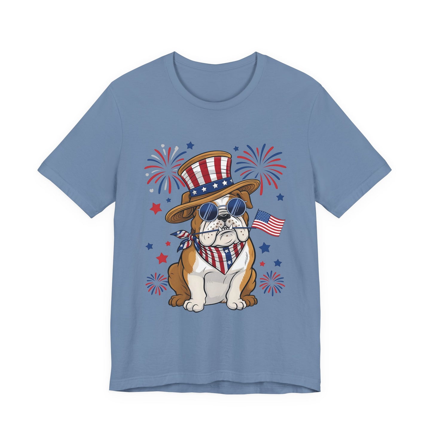 Patriotic Bulldog T-Shirt — American Flag Pup with Uncle Sam Hat & Fireworks (4th of July Tee)