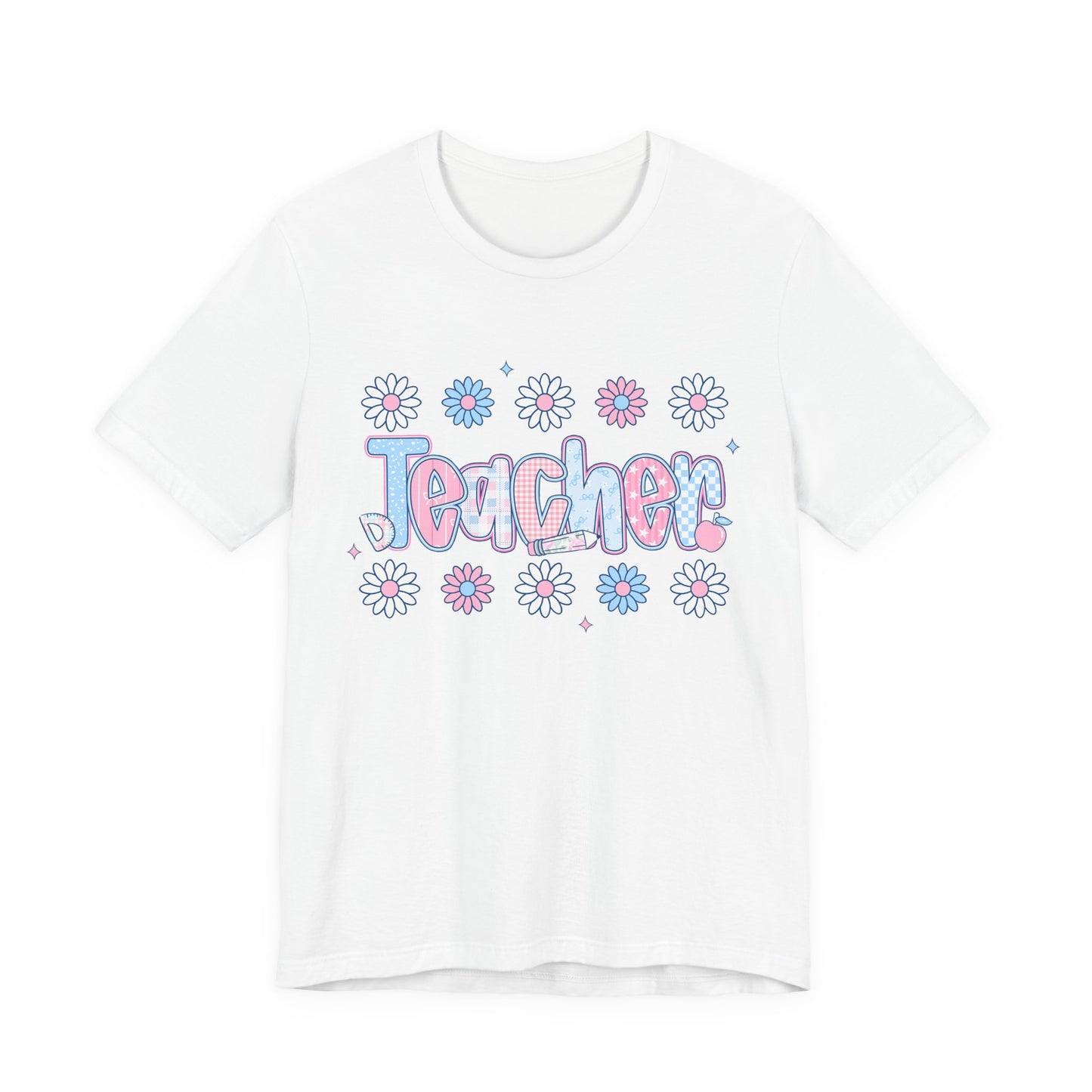 Teacher Daisy Graphic Tee – Cute Pink & Blue Floral Classroom Shirt