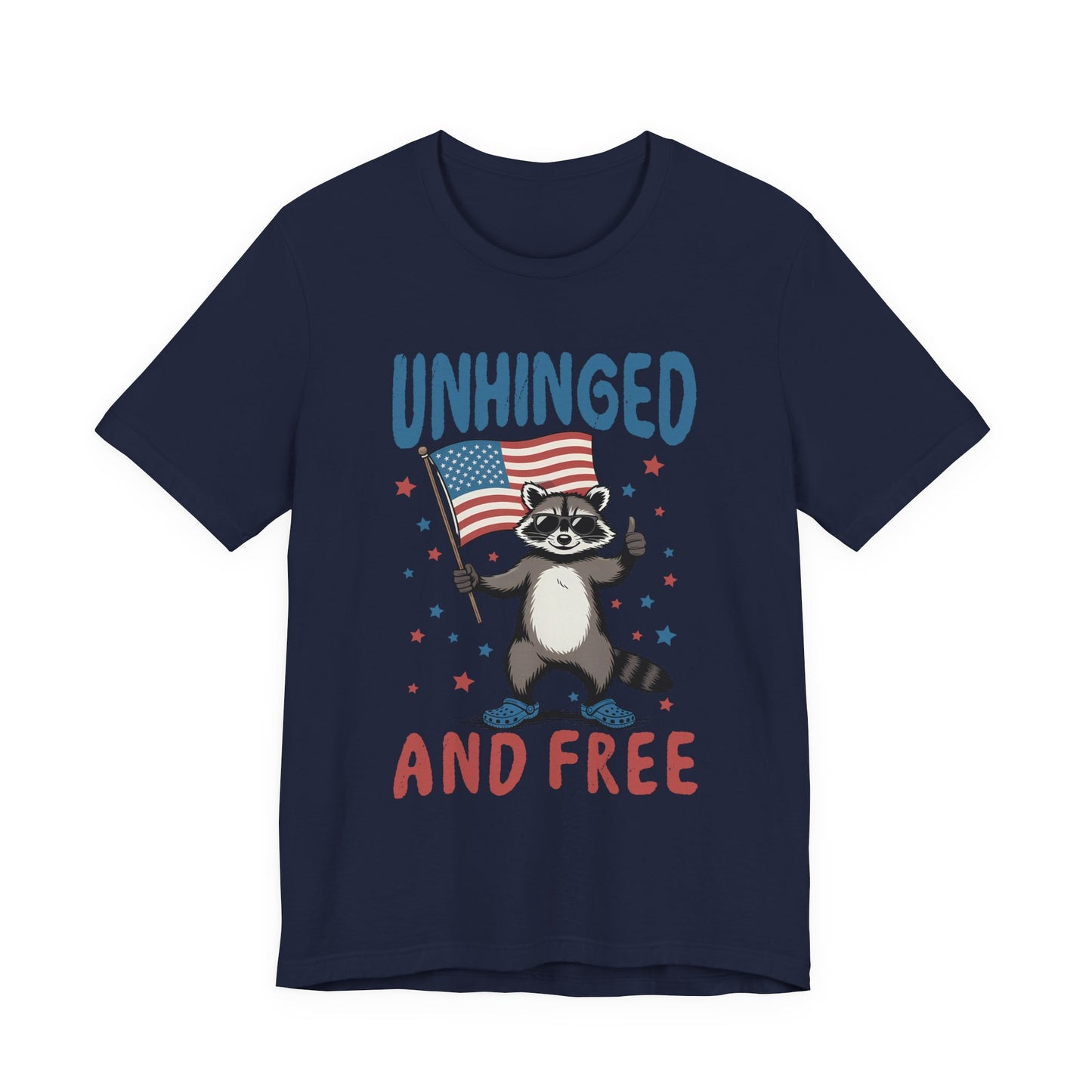 T‑Shirt — "Unhinged and Free" Raccoon American Flag Graphic Tee