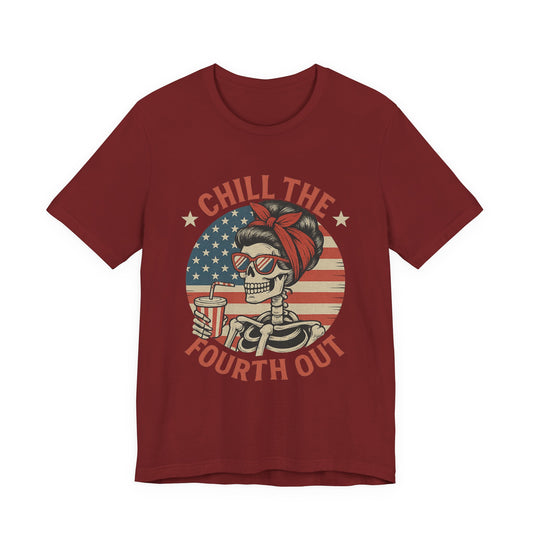 Chill the Fourth Out Tee – Retro Skull with American Flag & Drink | 4th of July Patriotic Shirt