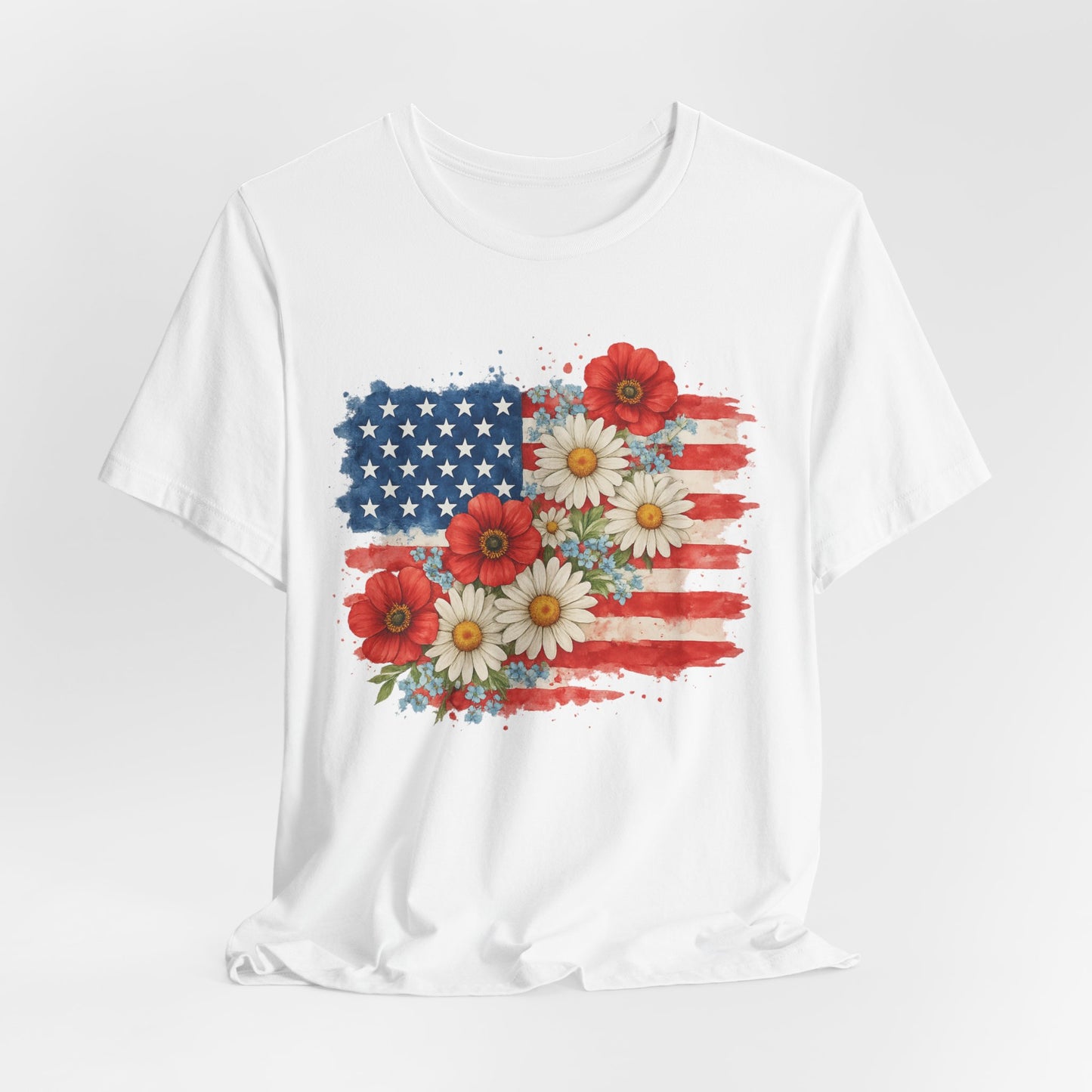 American Flag Floral T‑Shirt – Patriotic Daisy & Poppy USA Tee