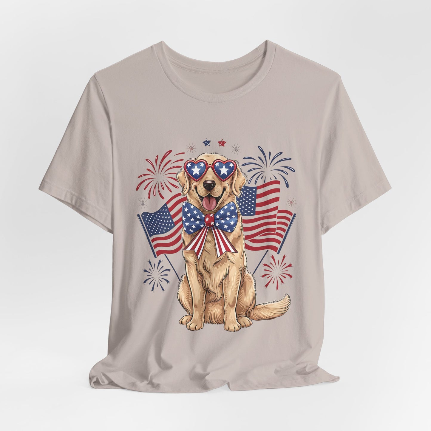 Patriotic Golden Retriever T‑Shirt — USA Flag Dog with Fireworks