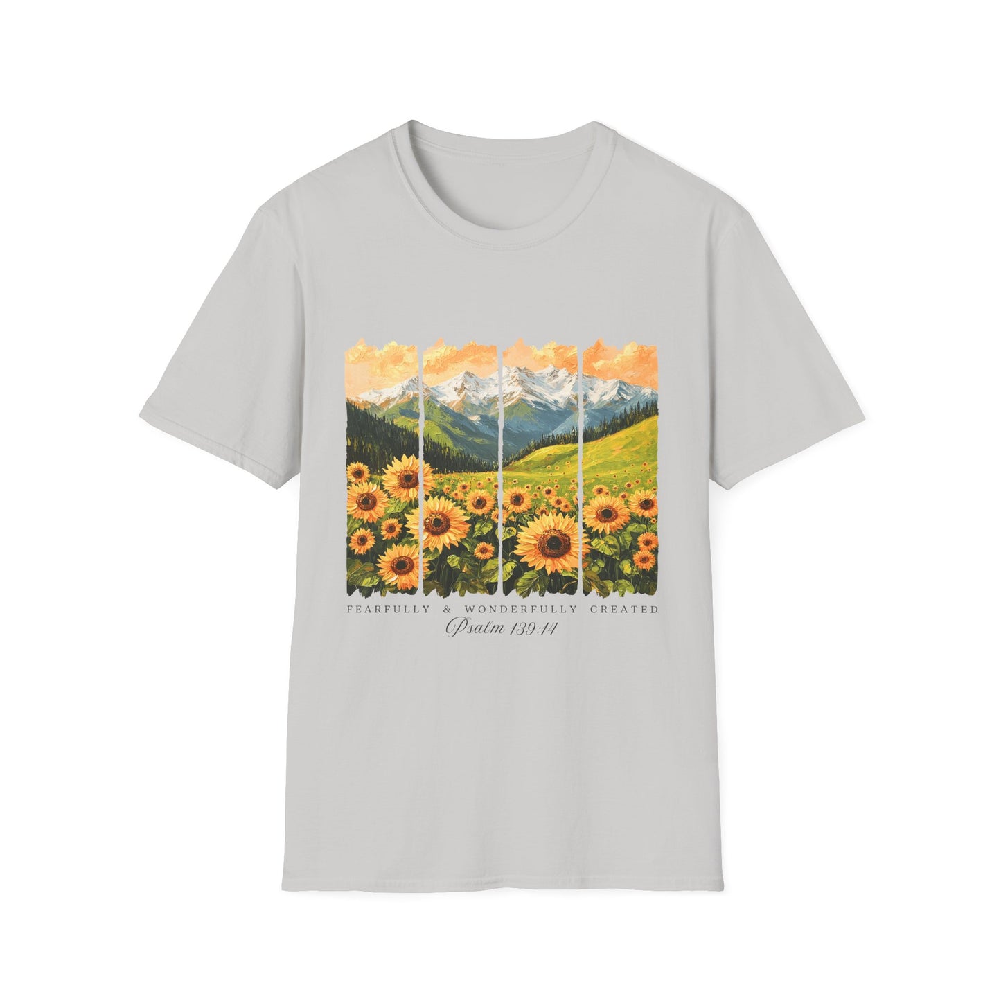 Sunflower Mountain Poster T-Shirt — Scenic Field & Peaks Graphic Tee