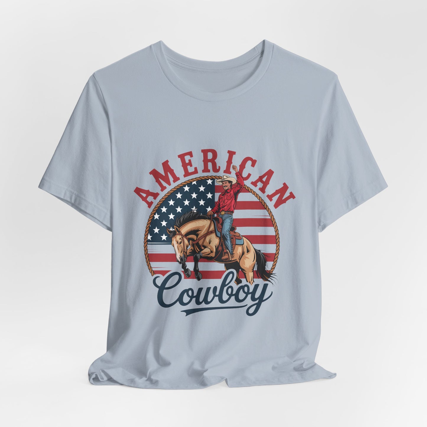 American Cowboy T-Shirt – patriotic rodeo tee with flag and rider