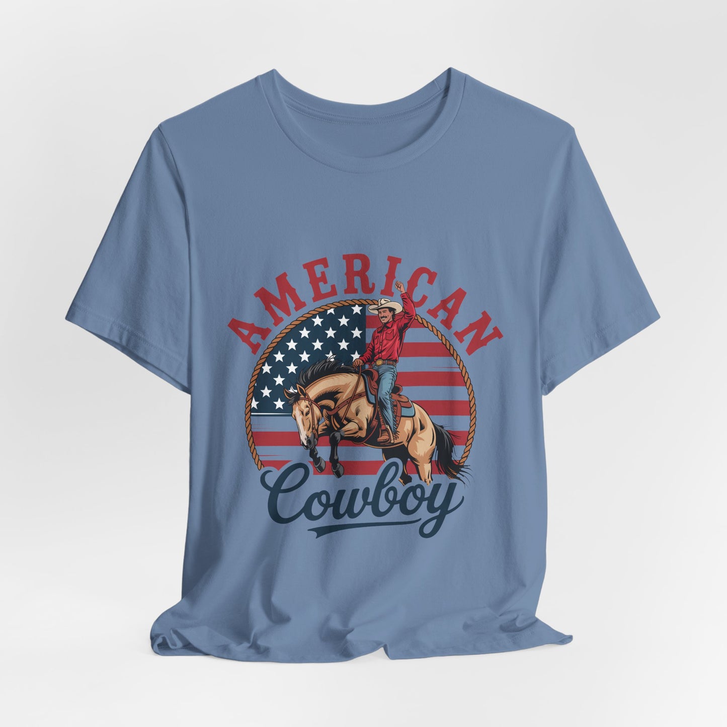 American Cowboy T-Shirt – patriotic rodeo tee with flag and rider