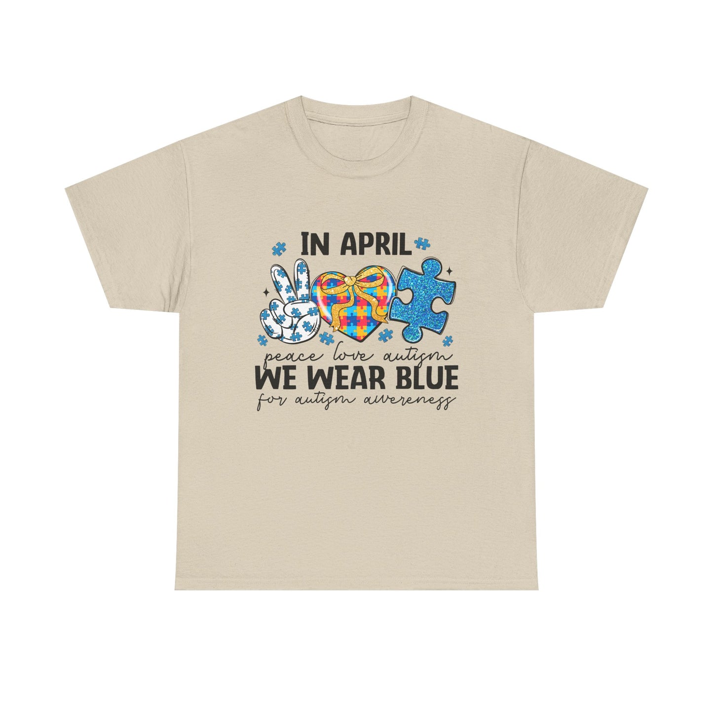 Autism Awareness Tee — "In April We Wear Blue" Puzzle Heart Peace Sign