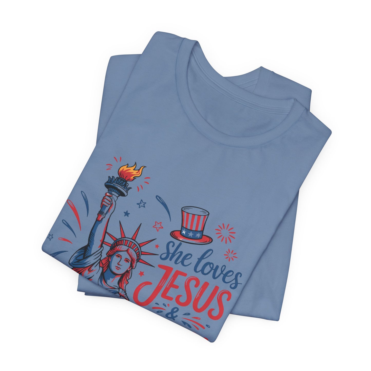 She Loves Jesus & America Too T-Shirt – Patriotic Statue of Liberty Christian Tee