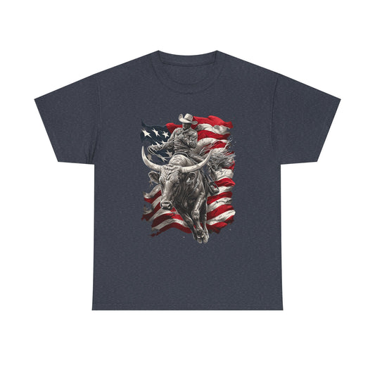 American Rodeo Bull Rider T-Shirt — Patriotic Flag Western Tee