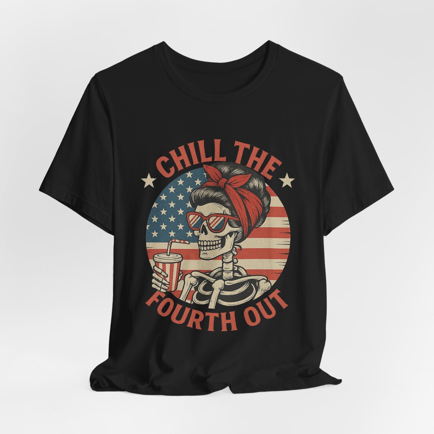 Chill the Fourth Out Tee – Retro Skull with American Flag & Drink | 4th of July Patriotic Shirt
