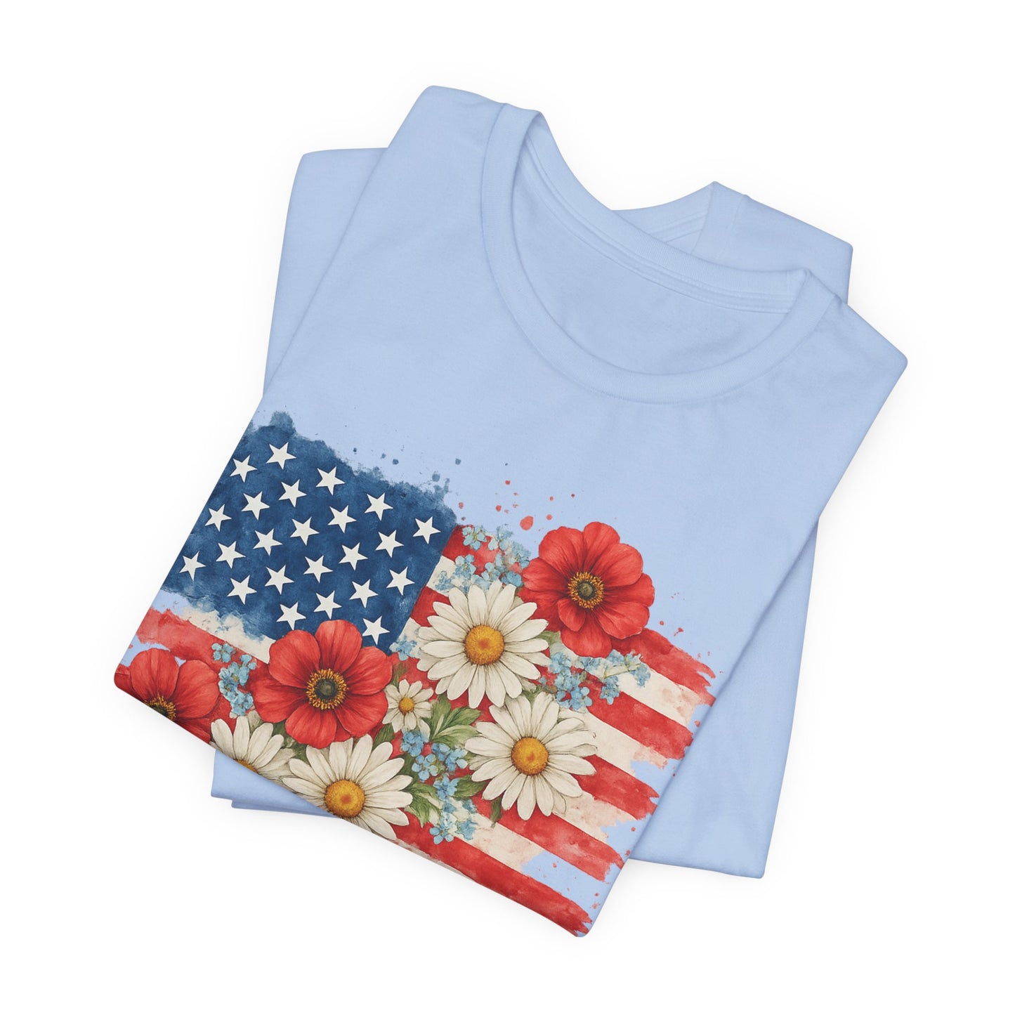 American Flag Floral T‑Shirt – Patriotic Daisy & Poppy USA Tee