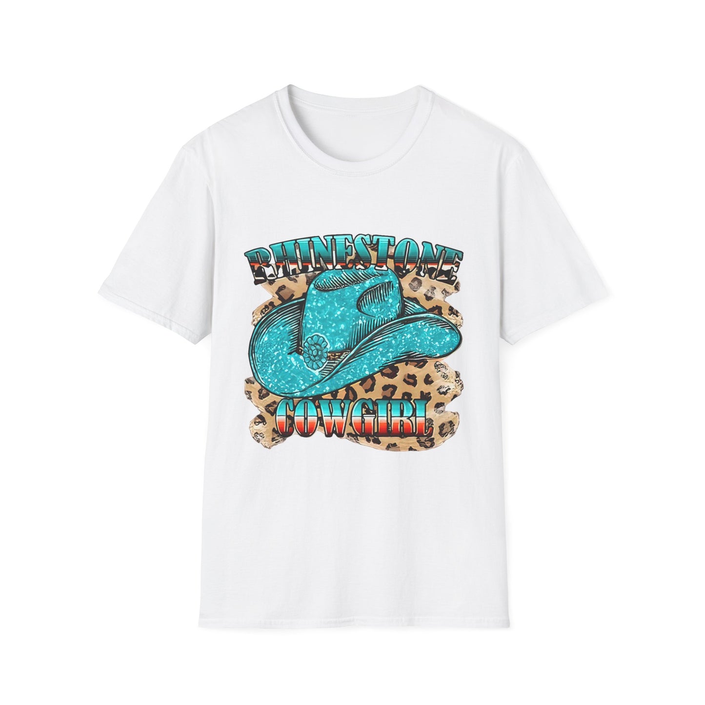 Rhinestone Cowgirl Tee – Turquoise Cowboy Hat on Leopard Print