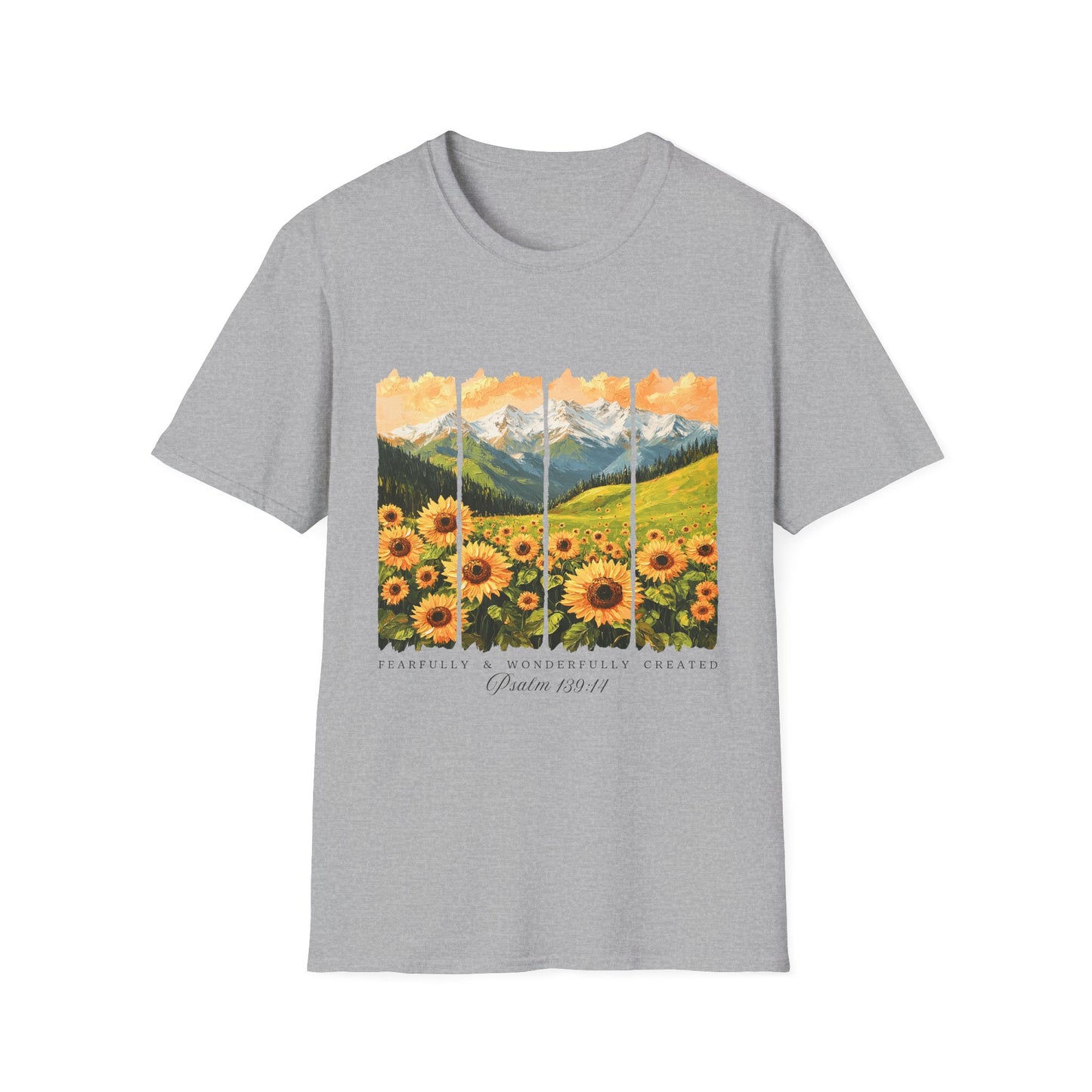 Sunflower Mountain Poster T-Shirt — Scenic Field & Peaks Graphic Tee