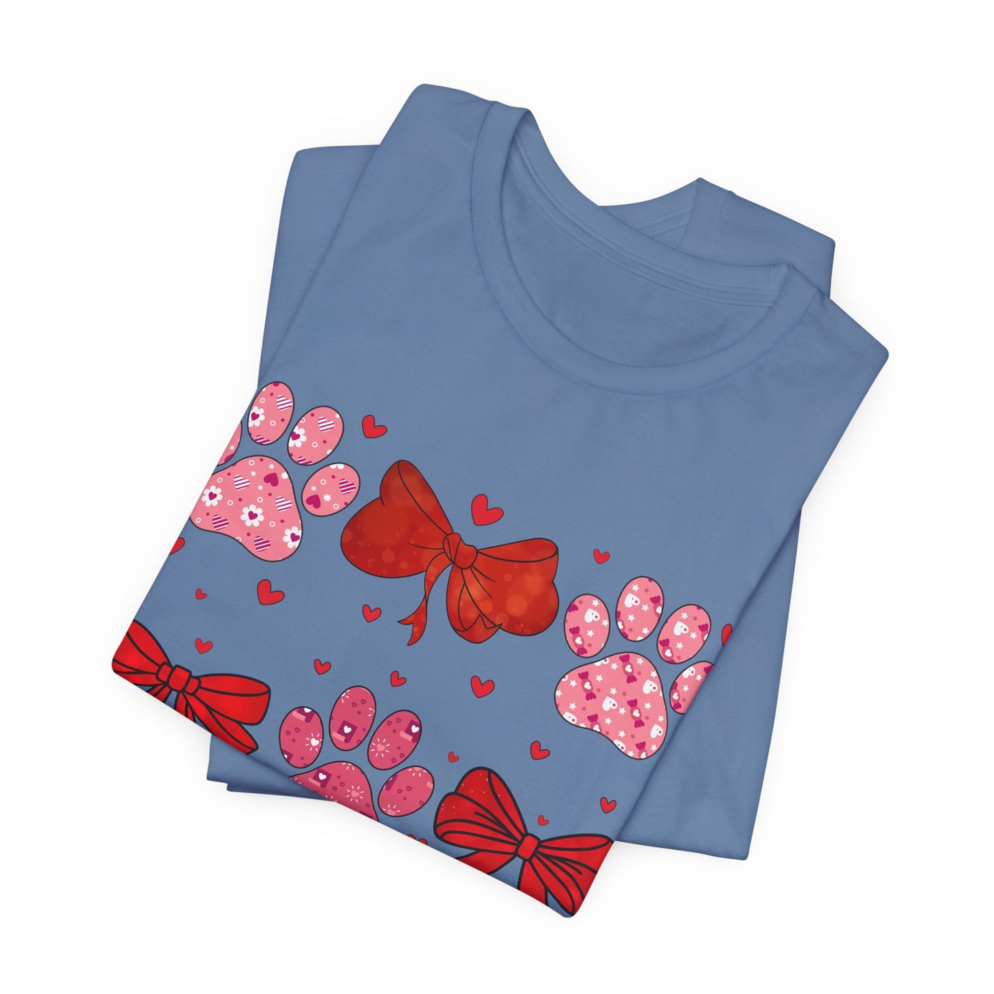 Valentine Paw Prints T‑Shirt — Cute Red Bows & Hearts Pet Lover Tee