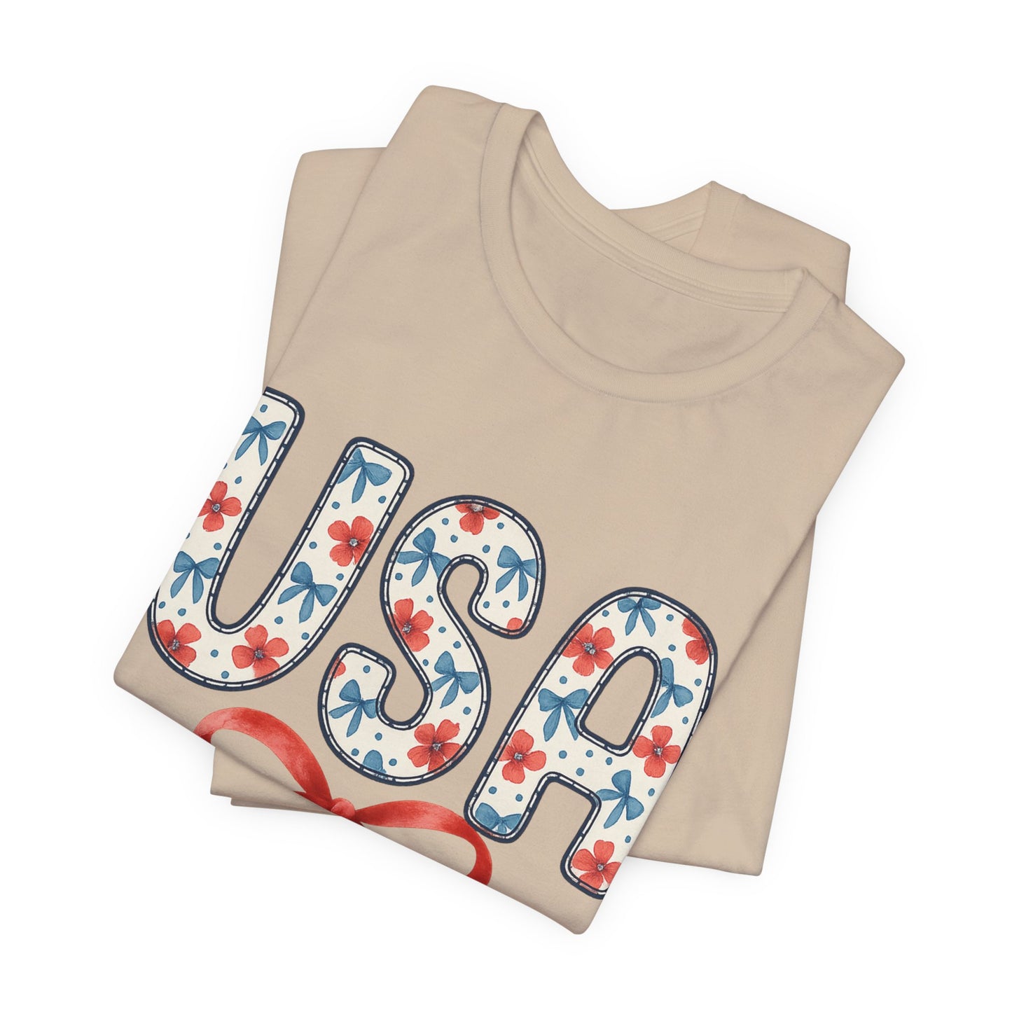 USA Floral Graphic Tee with Ribbon – 4th of July Patriotic Shirt