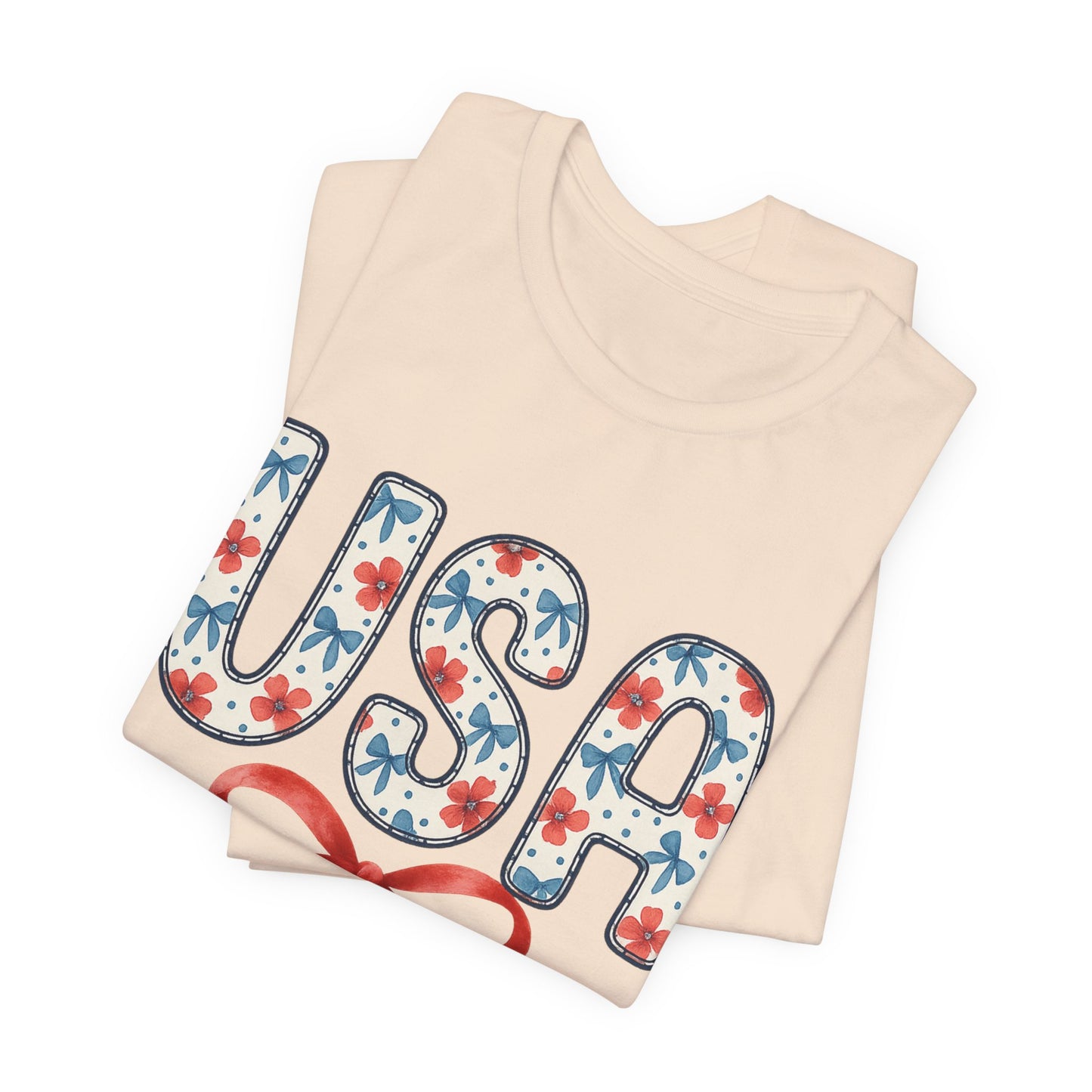 USA Floral Graphic Tee with Ribbon – 4th of July Patriotic Shirt