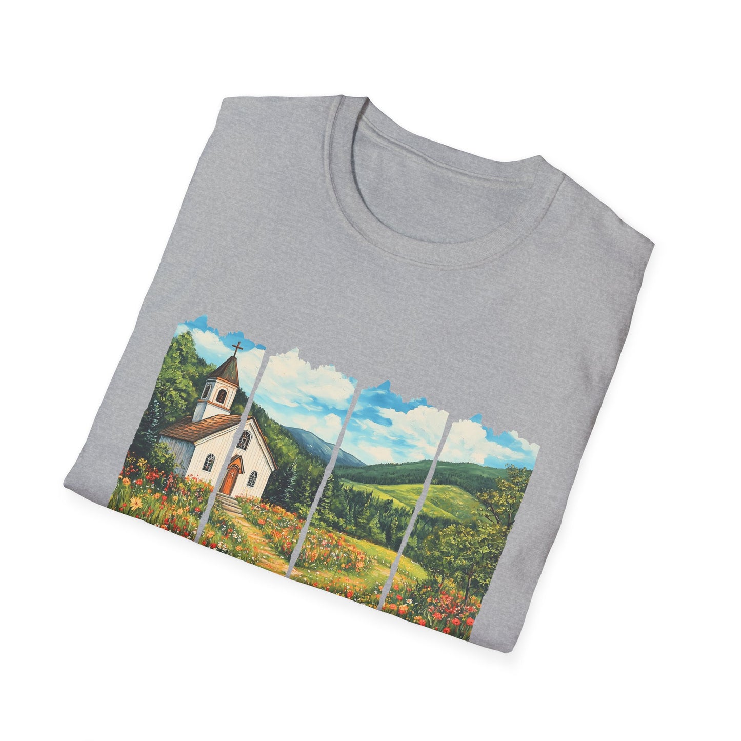 Scenic Chapel Landscape T-Shirt — Countryside Floral Mountain Art Tee