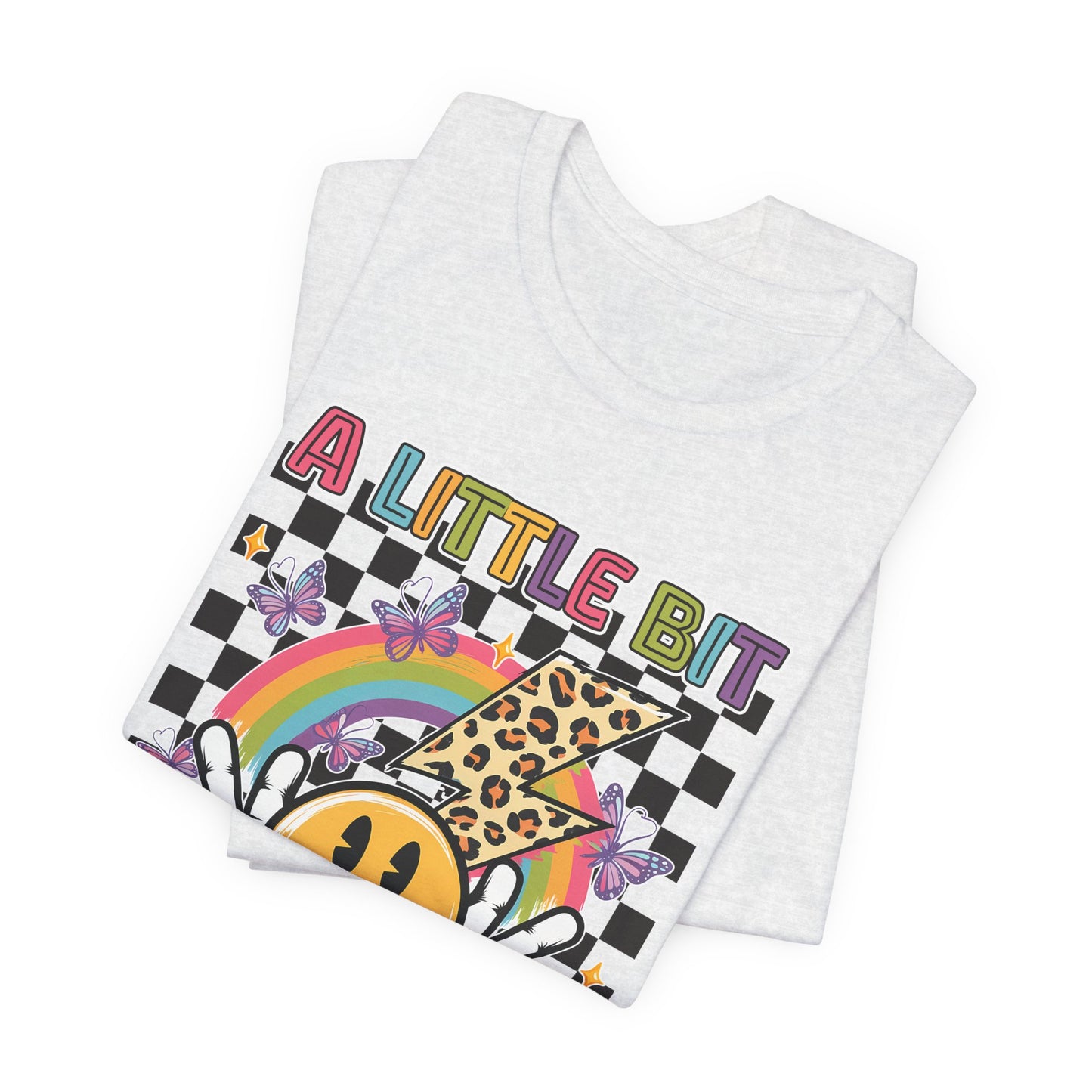 A Little Bit Dramatic Graphic Tee — Smiley Rainbow Checkerboard T-Shirt