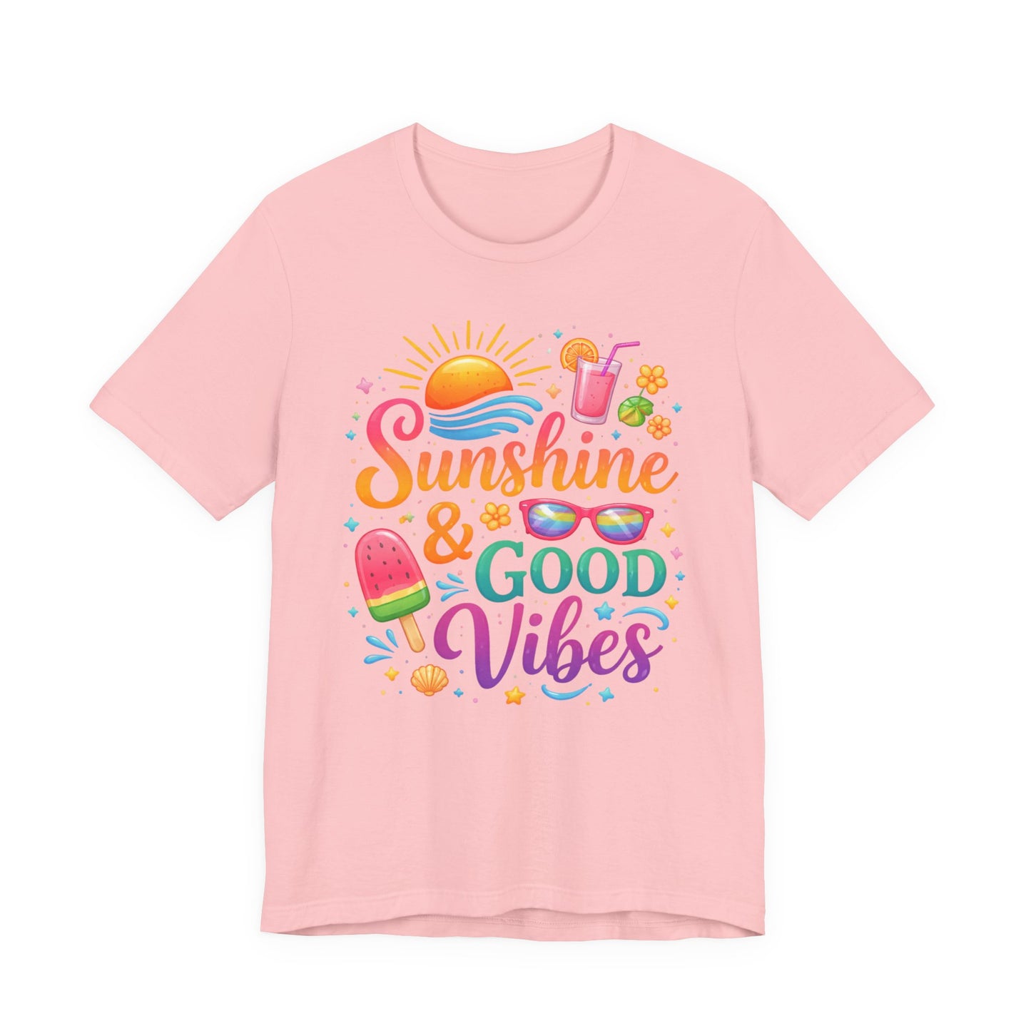 Sunshine & Good Vibes T-Shirt | Summer Beach Drink Sunglasses Popsicle Design