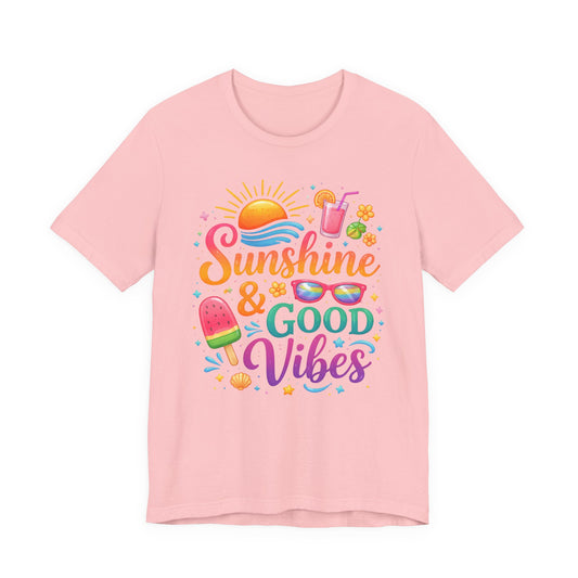 Sunshine & Good Vibes T-Shirt | Summer Beach Drink Sunglasses Popsicle Design