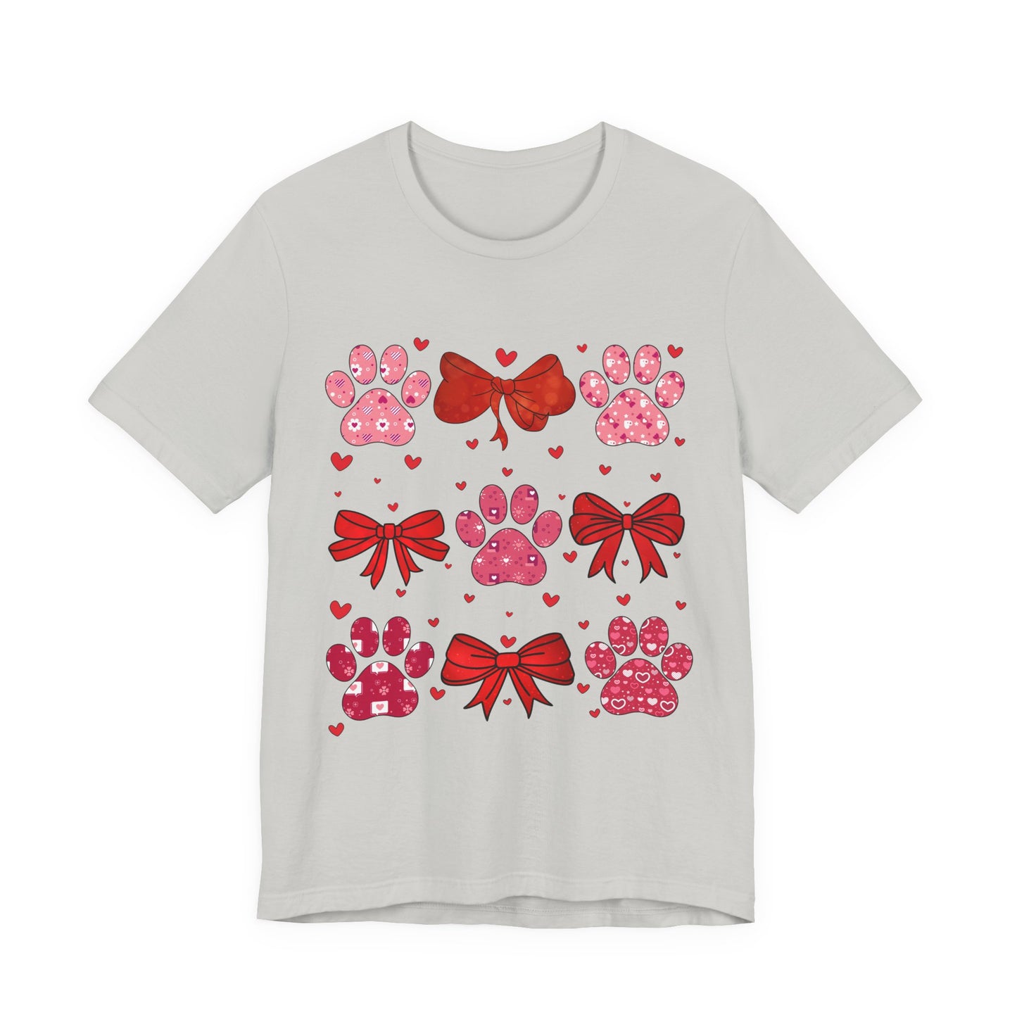 Valentine Paw Prints T‑Shirt — Cute Red Bows & Hearts Pet Lover Tee
