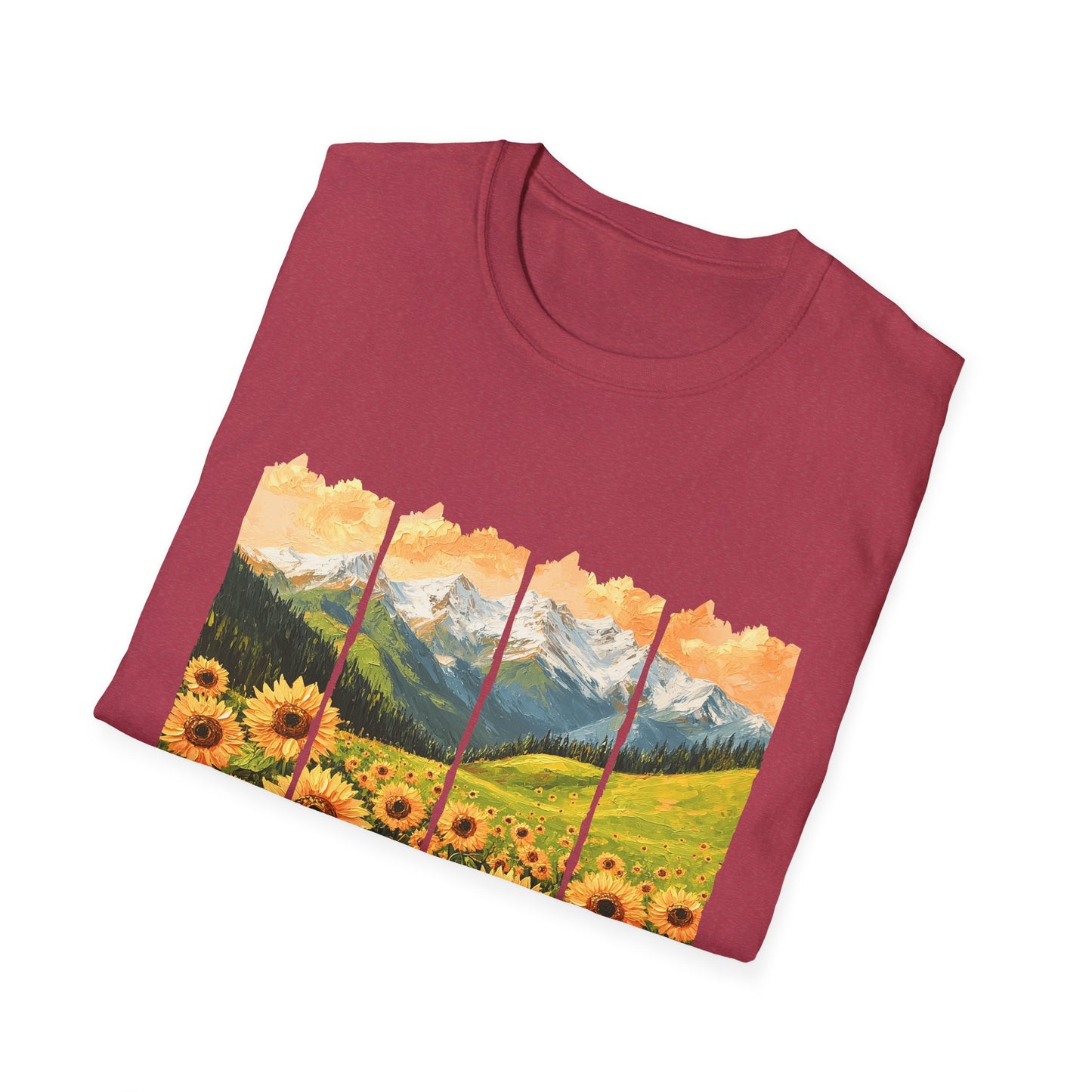 Sunflower Mountain Poster T-Shirt — Scenic Field & Peaks Graphic Tee