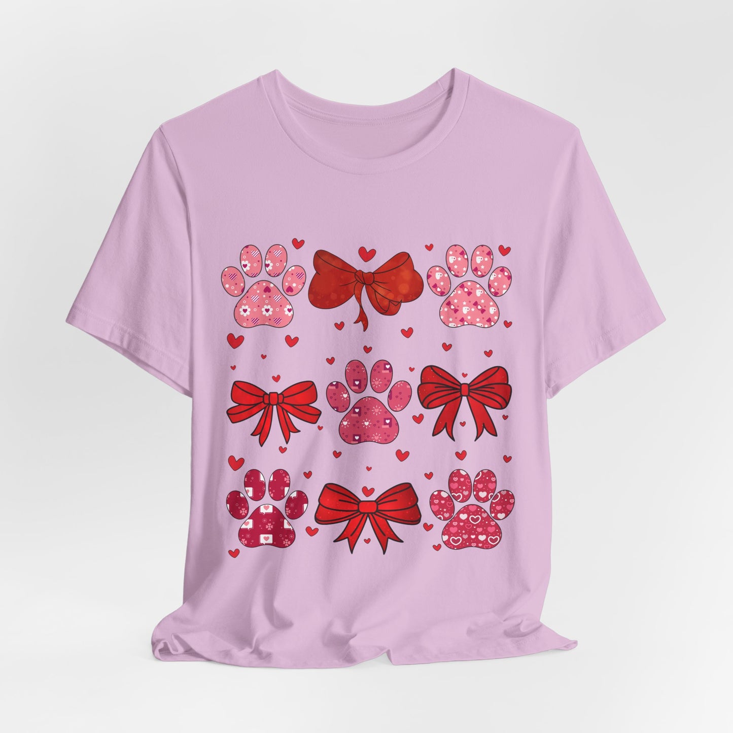 Valentine Paw Prints T‑Shirt — Cute Red Bows & Hearts Pet Lover Tee