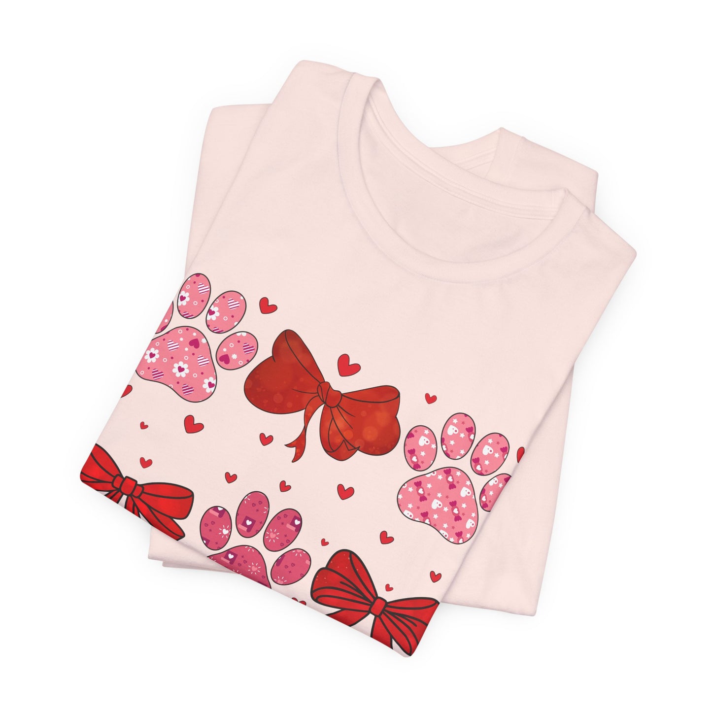 Valentine Paw Prints T‑Shirt — Cute Red Bows & Hearts Pet Lover Tee