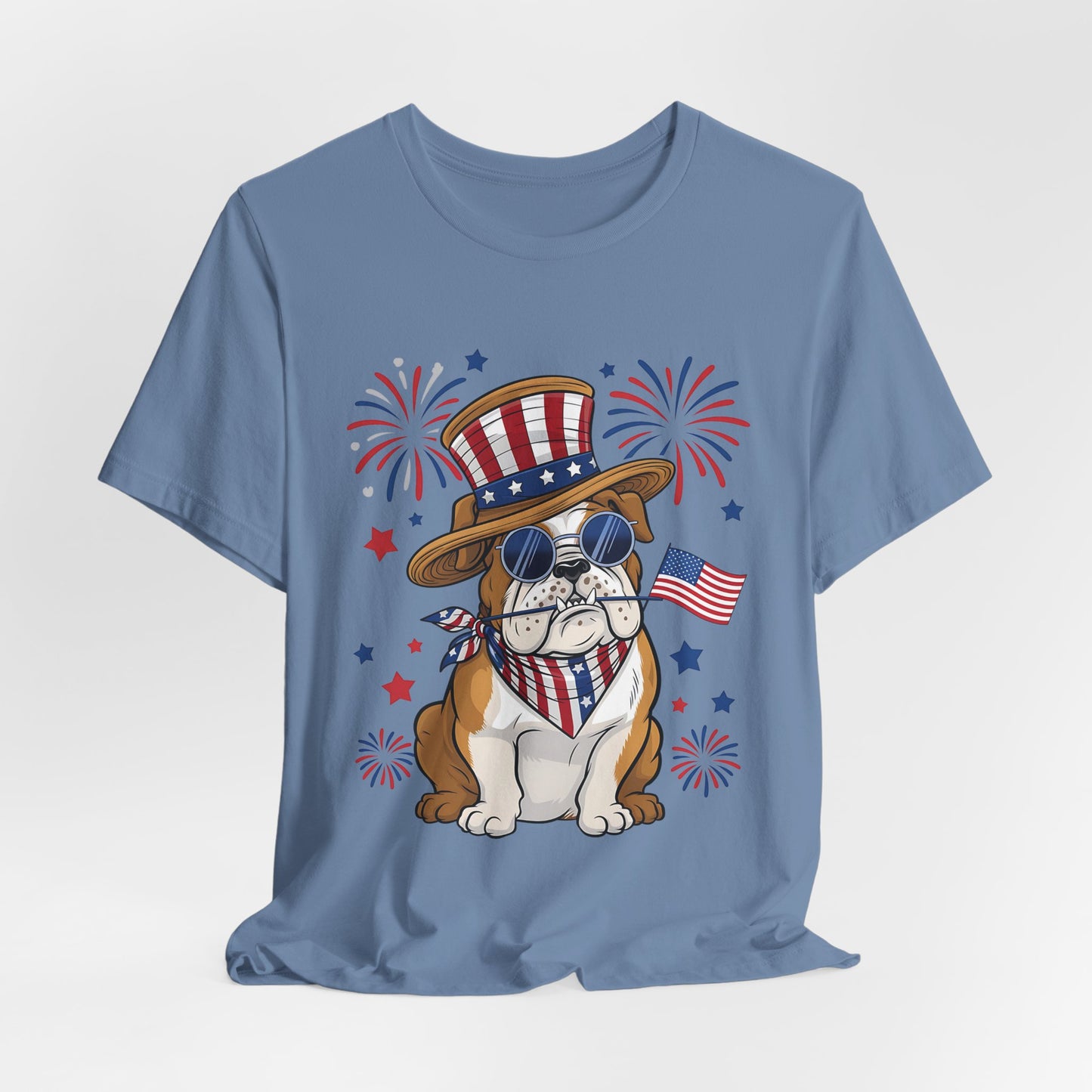 Patriotic Bulldog T-Shirt — American Flag Pup with Uncle Sam Hat & Fireworks (4th of July Tee)