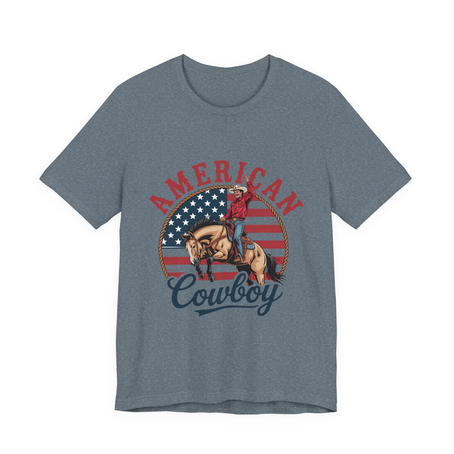 American Cowboy T-Shirt – patriotic rodeo tee with flag and rider