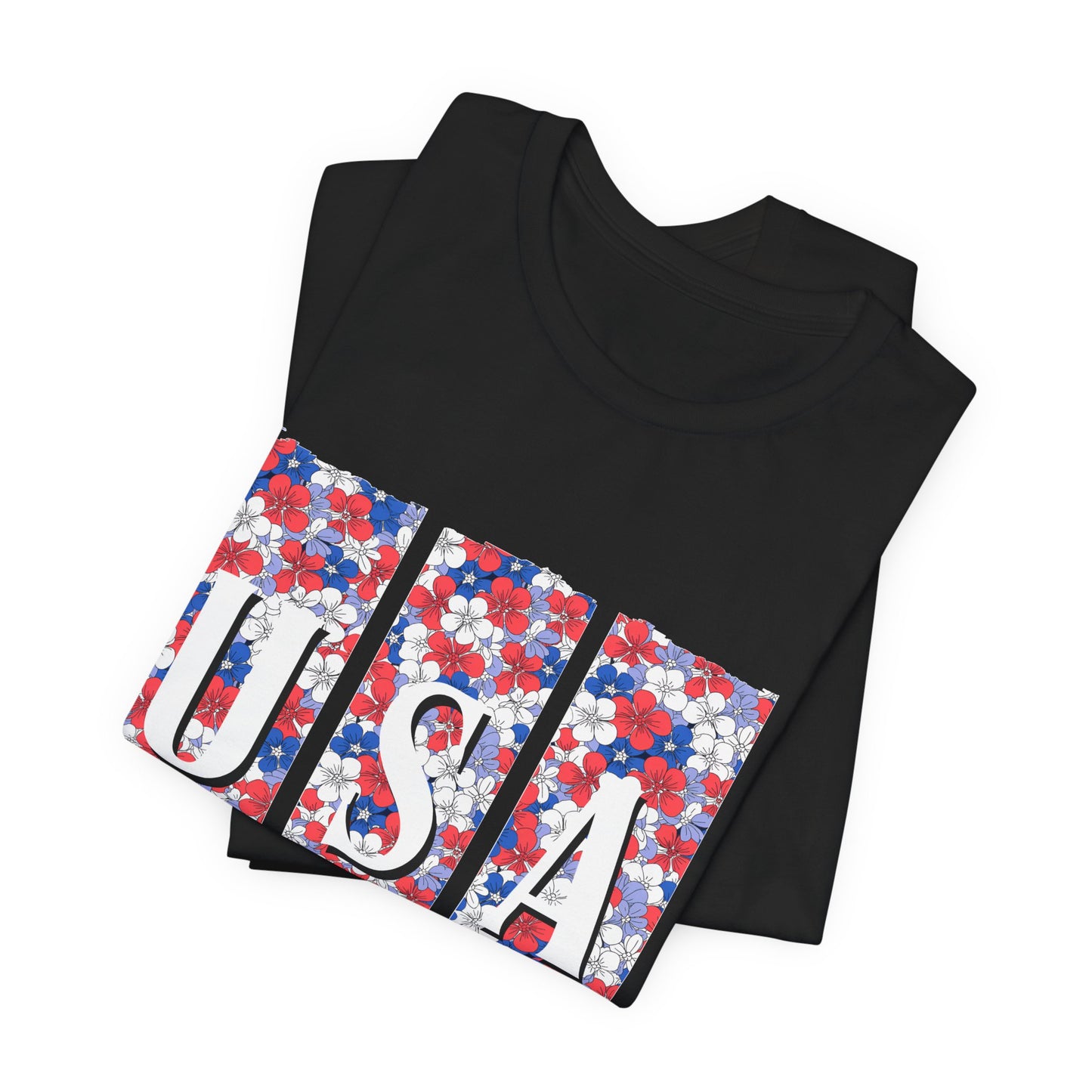 USA Floral Flag T-Shirt — Patriotic Red White Blue Tee (4th of July)