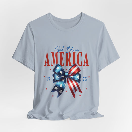 God Bless America Bow T-Shirt — Patriotic 1776 Fourth of July Tee