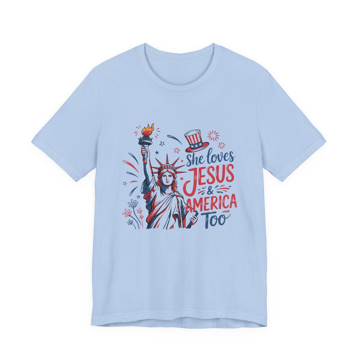 She Loves Jesus & America Too T-Shirt – Patriotic Statue of Liberty Christian Tee