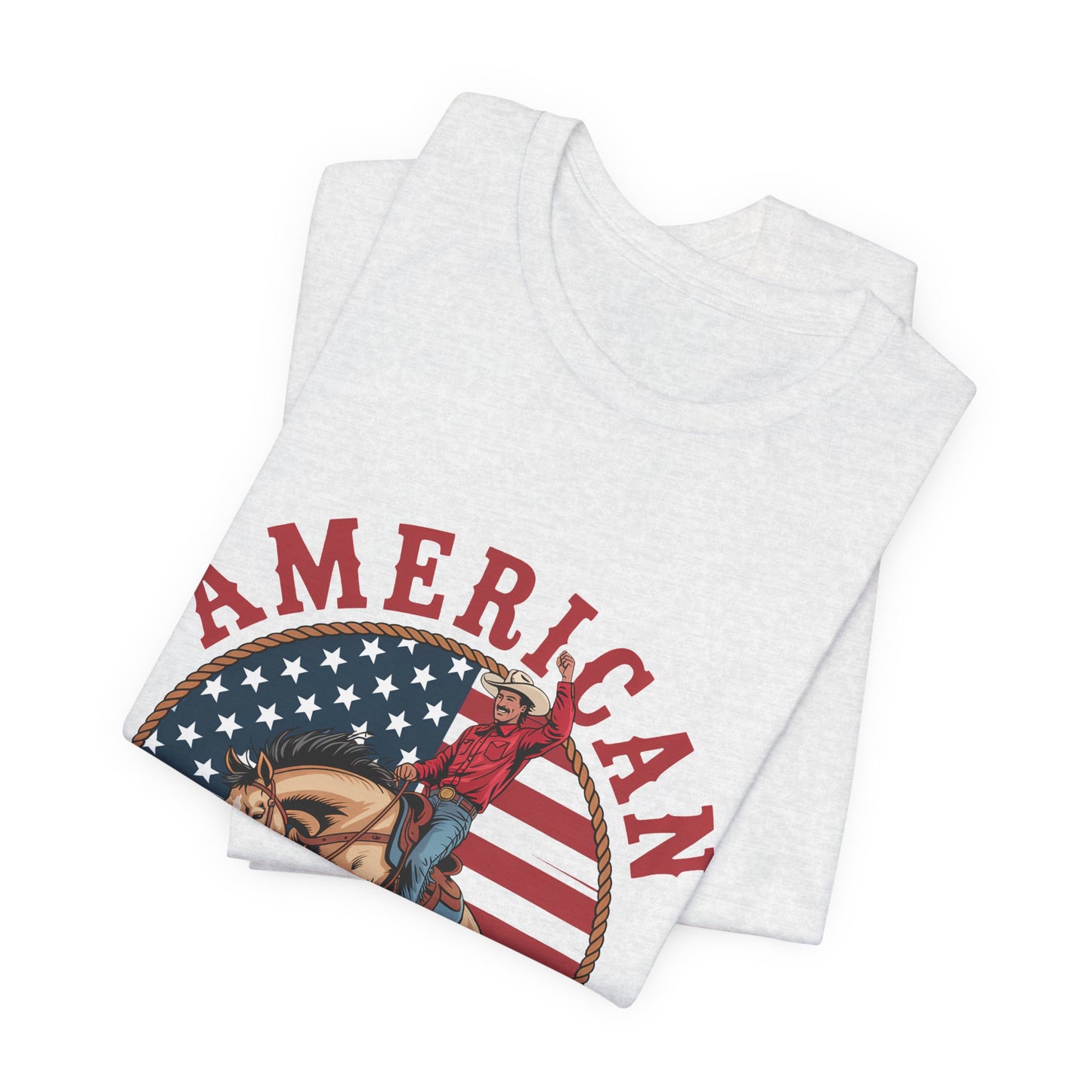 American Cowboy T-Shirt – patriotic rodeo tee with flag and rider