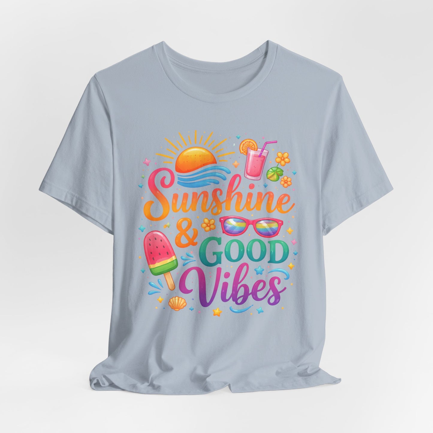 Sunshine & Good Vibes T-Shirt | Summer Beach Drink Sunglasses Popsicle Design
