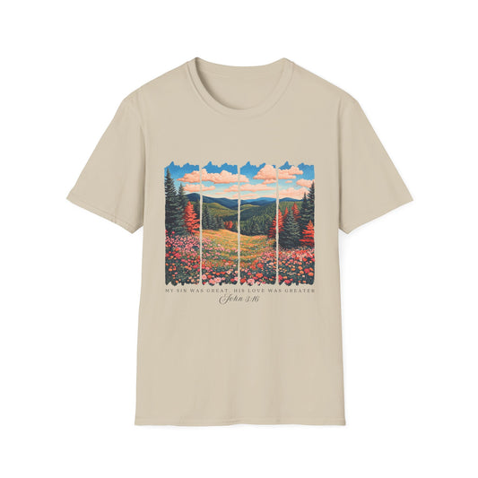Scenic Meadow Sunrise T-Shirt — Vintage Window Pane Mountain Landscape Tee