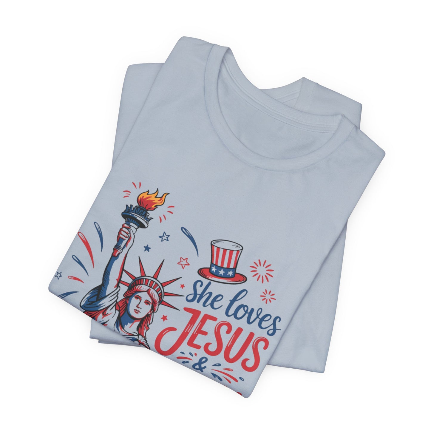 She Loves Jesus & America Too T-Shirt – Patriotic Statue of Liberty Christian Tee