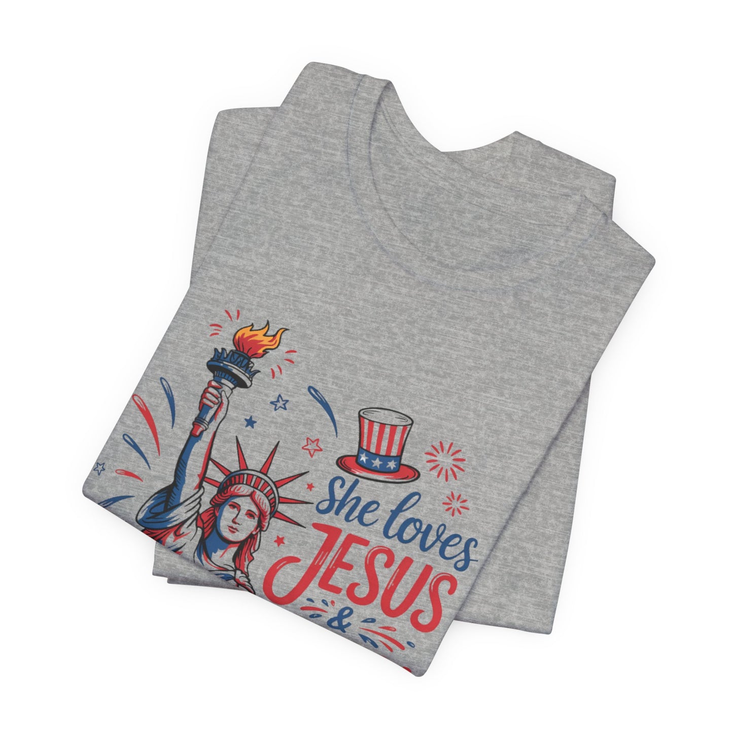 She Loves Jesus & America Too T-Shirt – Patriotic Statue of Liberty Christian Tee