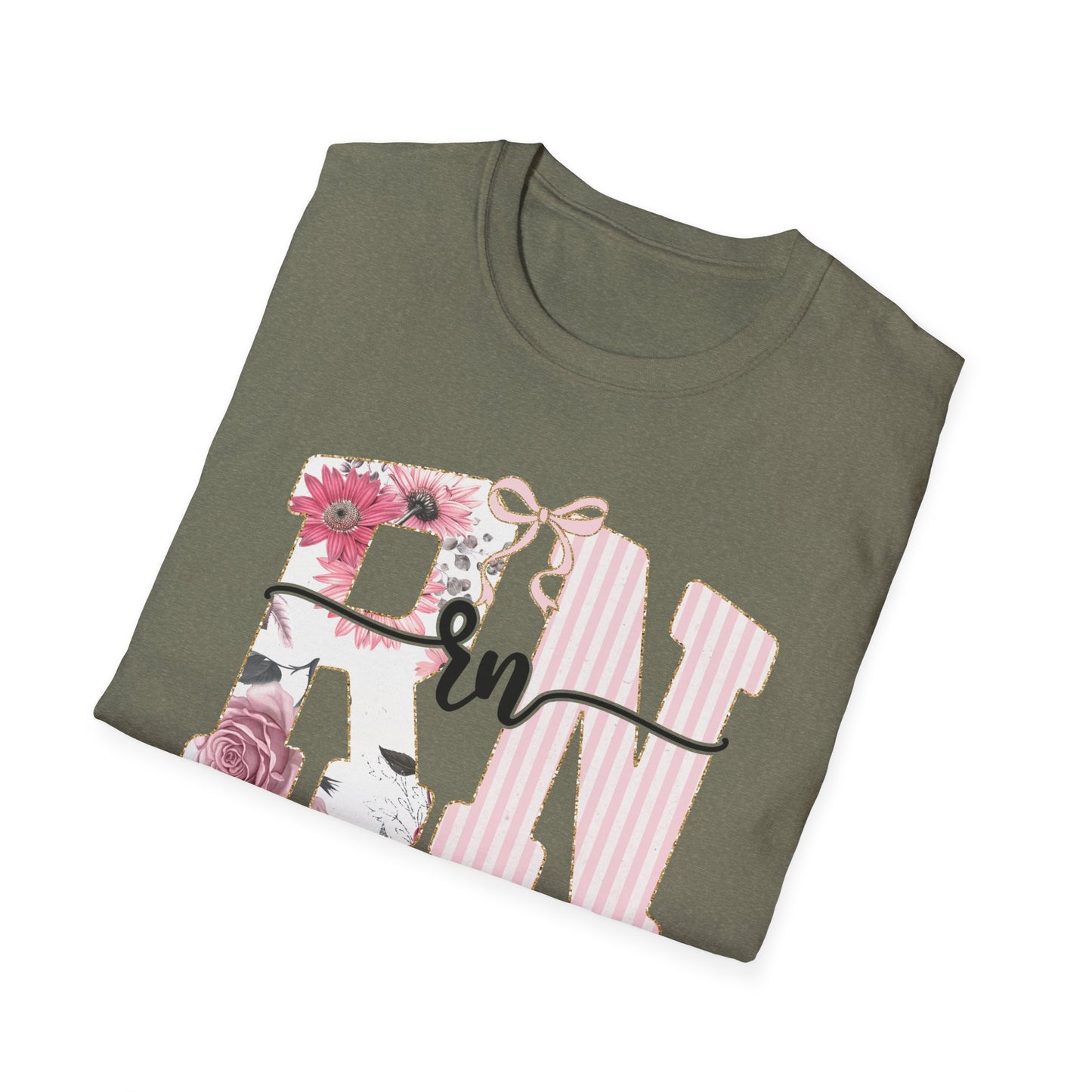 T-Shirt — RN Floral Script Design (Pink Stripes & Roses)