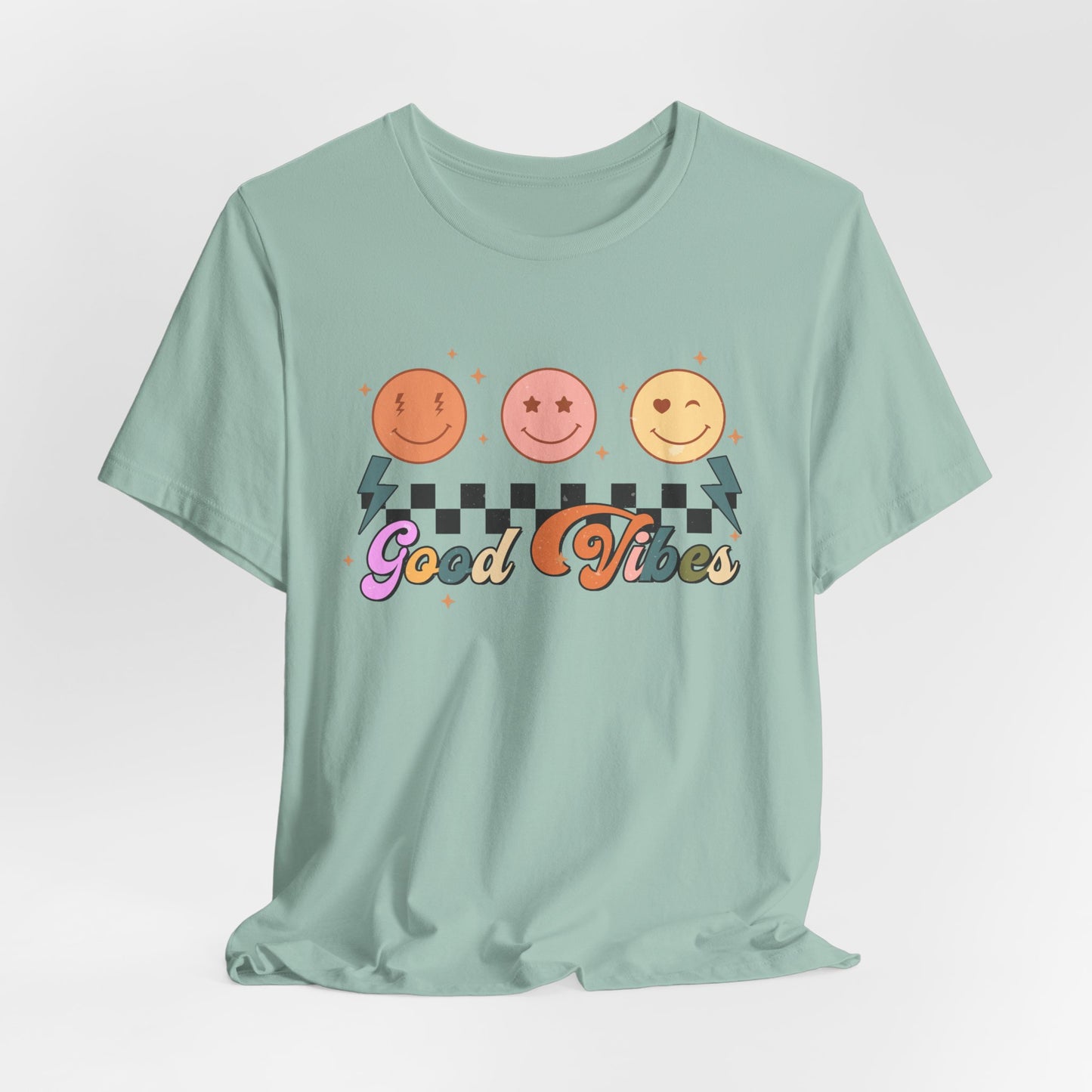 Good Vibes Smiley Tee — Retro Checkerboard Positive Graphic T-Shirt