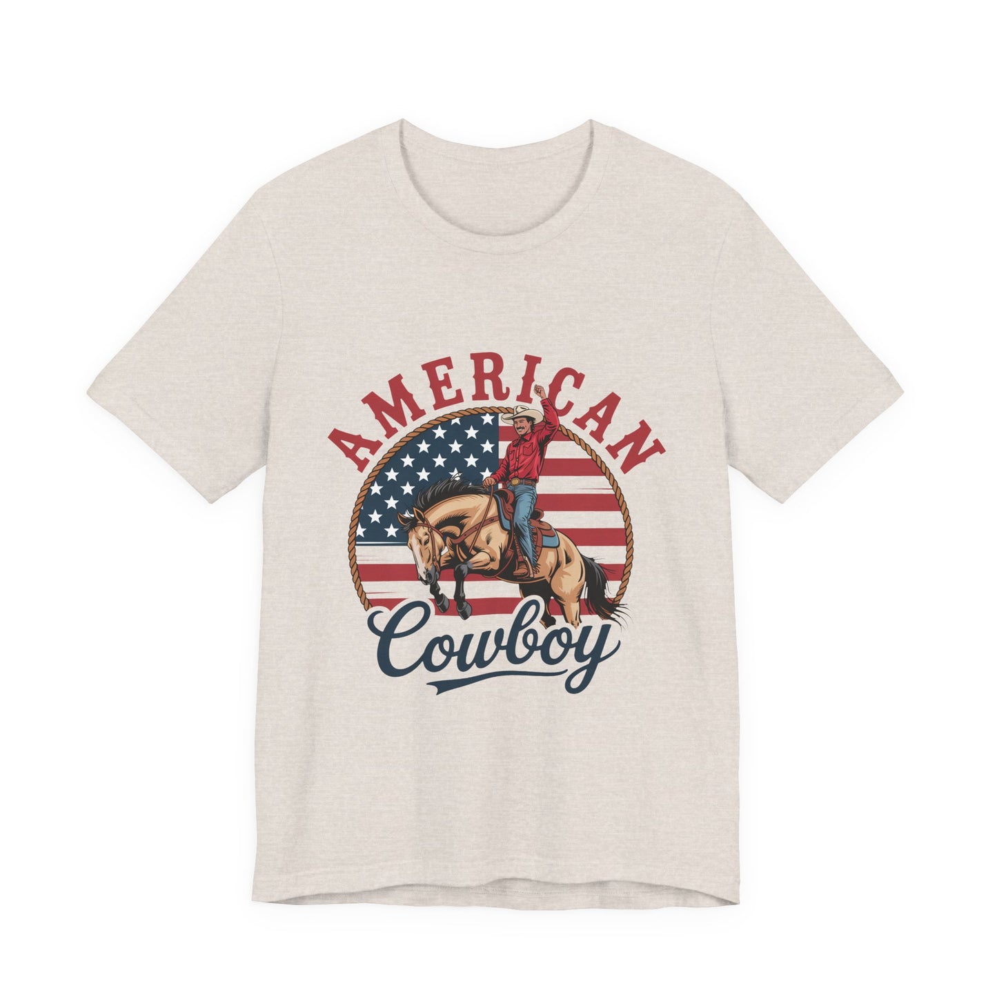 American Cowboy T-Shirt – patriotic rodeo tee with flag and rider